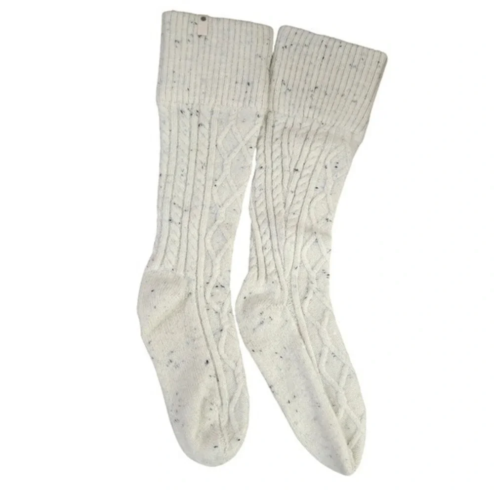 UGG Laila Tall Cable Knit Socks Cream Speckle Fold Over Cuff  Boot Socks‎  LG